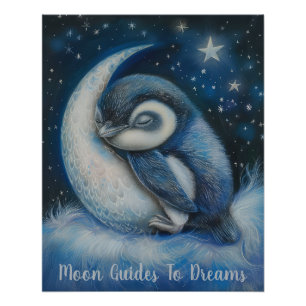 Poster Petit oiseau de pingouin dormant sur Lune