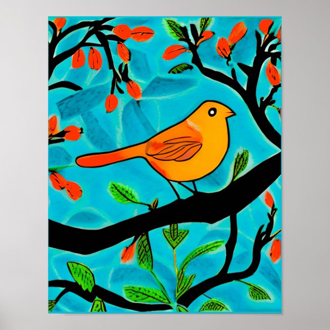 Poster Petit oiseau orange sur une branche de fleurs (Devant)