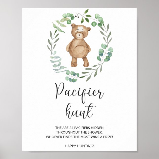 Poster petit ours chasse pacifier jeu de baby shower (Devant)