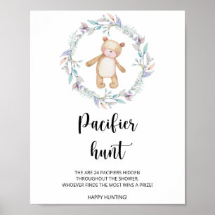 Poster petit ours chasse pacifier jeu de baby shower