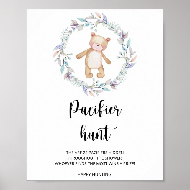 Poster petit ours chasse pacifier jeu de baby shower (Devant)