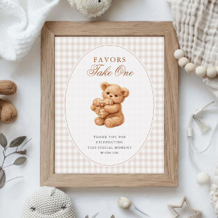 Poster Petit ours en gingham marron Baby Shower