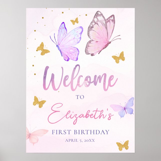 Poster Petit Papillon rose violet fille Anniversaire Bien (Devant)