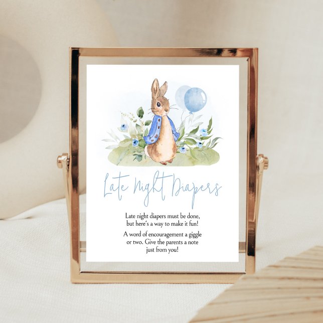Poster Petit Peter Rabbit Baby shower Late Night Diapers (Peter Rabbit Balloon Spring Baby Shower Late Night Diapers Sign)