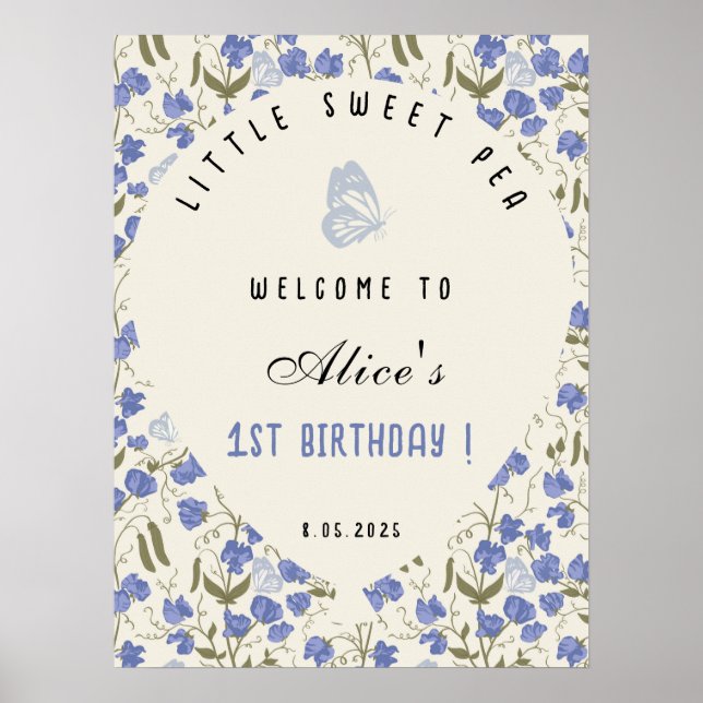 Poster Petit Pois doux bleu et crème 1er anniversaire (Devant)