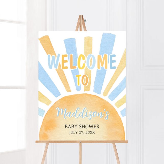 Poster Petit rayon de soleil Baby shower Bienvenue (Blue Boho Sunshine Baby Shower Welcome Sign)