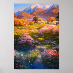 Poster Petit temple au milieu d'une nature florissante