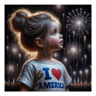 Poster Petite Américaine regardant les feux d'artifice