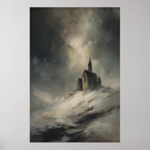 Poster Petite chapelle sur une colline enneigée, église r
