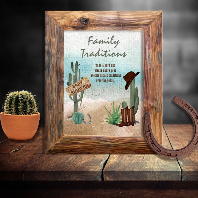 Poster Petite Cowboy Western Douche Traditions familiales (Rustic Western Boy Baby Shower Family Traditions Sign -- "A Little Cowboy Is On His Way" Collection)