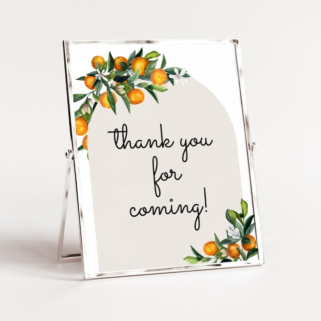 Poster Petite Cutie Citrus Merci orange pour venir (Gender Neutral Citrus Baby Shower Thank you for Coming Sign)