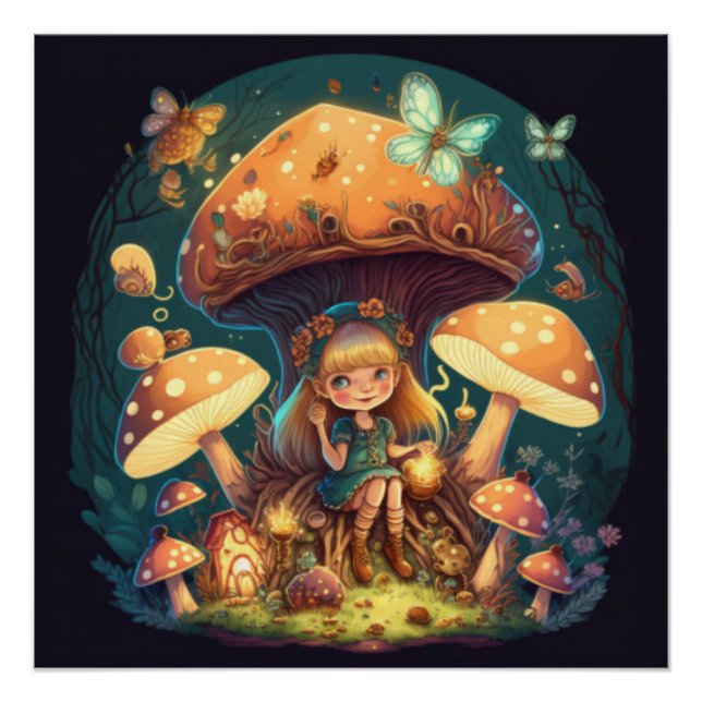 Poster Petite elve de fille parmi les champignons (Devant)