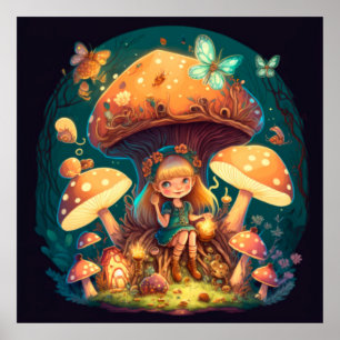 Poster Petite elve de fille parmi les champignons