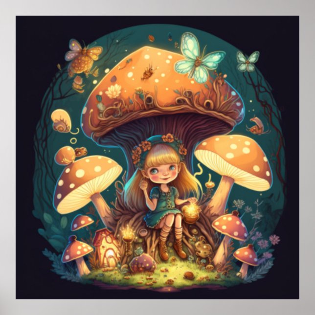 Poster Petite elve de fille parmi les champignons (Devant)