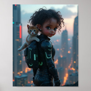 Poster petite fille afro-américaine avec son chaton
