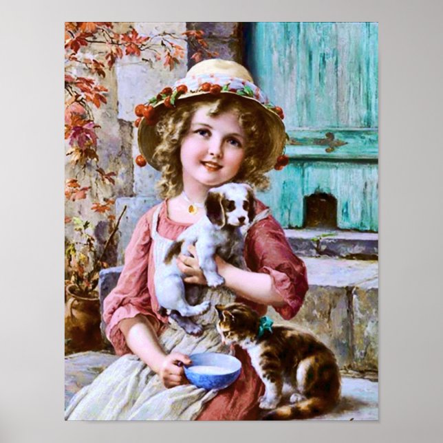 Poster Petite fille avec animaux de compagnie par Emile V (Devant)
