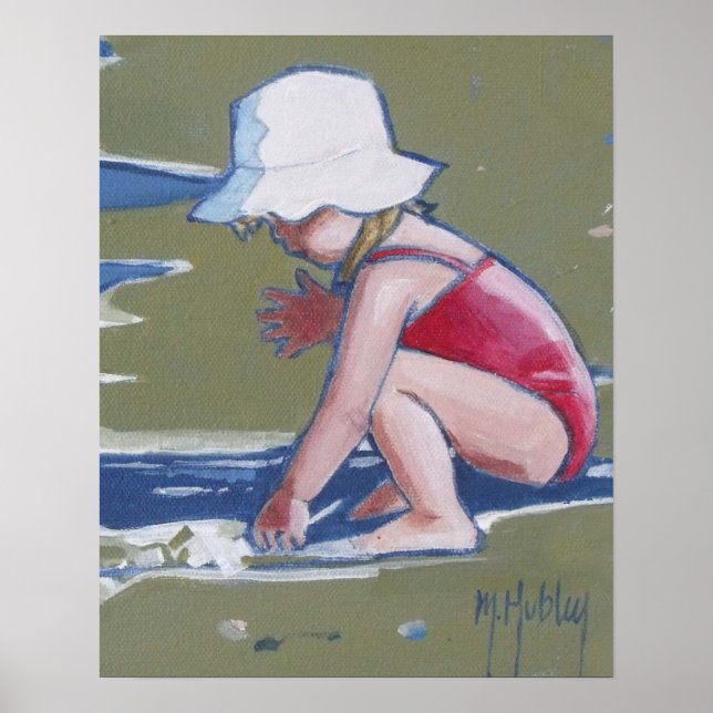 Poster Petite fille avec casquette sur la plage avec vagu (Devant)