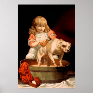 Poster Petite fille baignant son chien