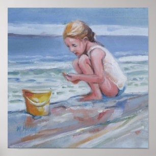 Poster Petite fille beachcomber avec seau jaune
