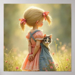 Poster Petite fille chérie avec son chaton