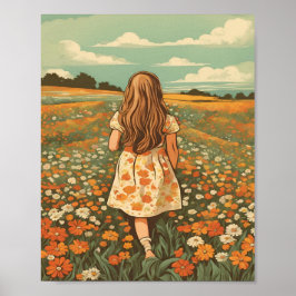 Poster Petite fille dans le champ de fleurs