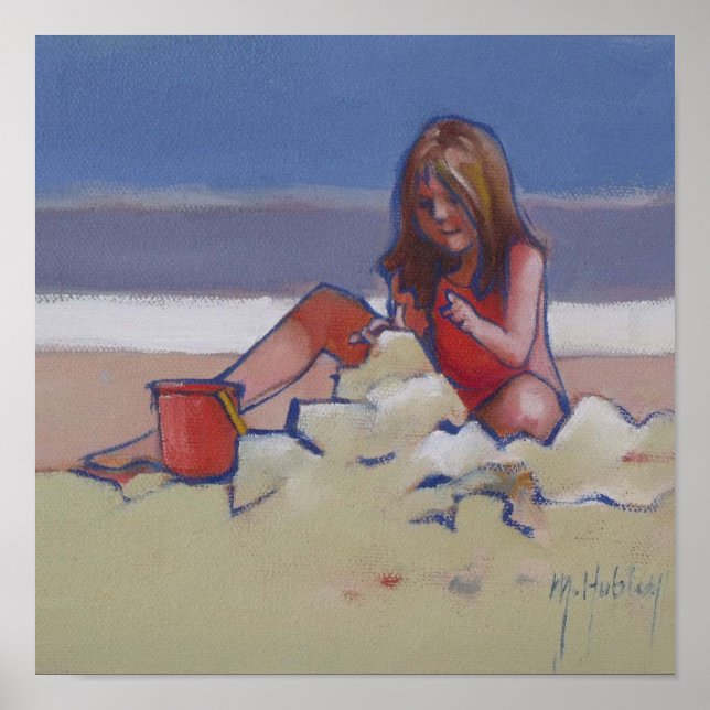 Poster Petite fille de sable mignonne jouant sur la plage (Devant)