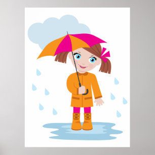 Poster Petite Fille en Imper Orange avec Parapluie Rose