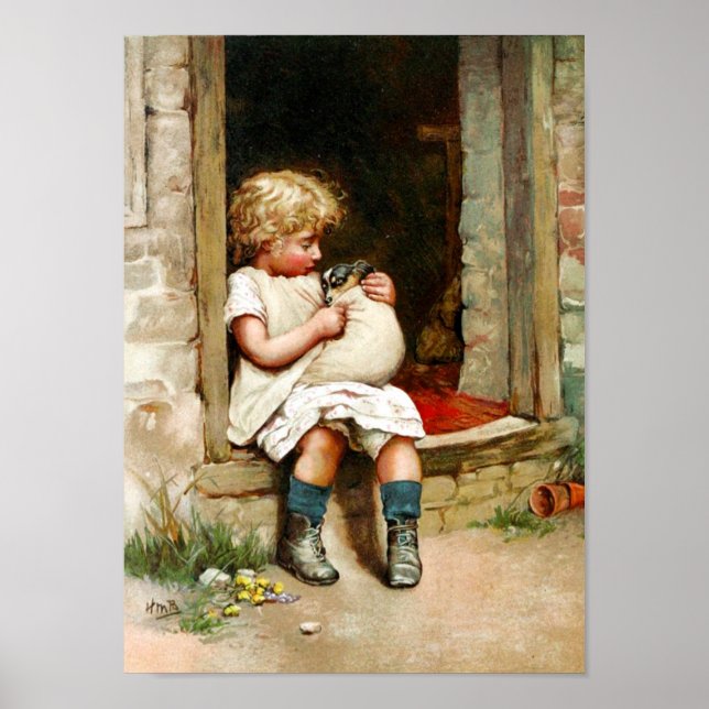 Poster Petite fille et chiot malade (Devant)