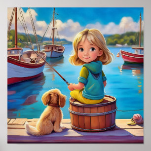 Poster Petite fille pêche