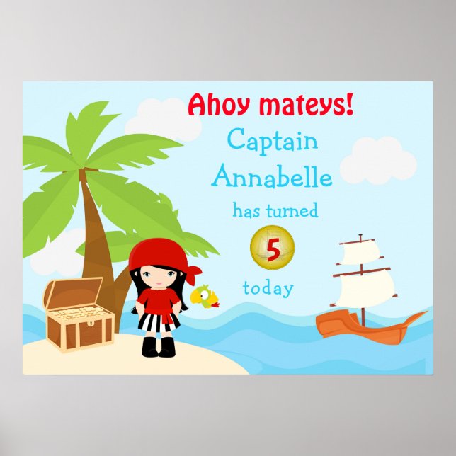 Poster Petite fille pirate de cheveux noirs en rouge Post (Devant)