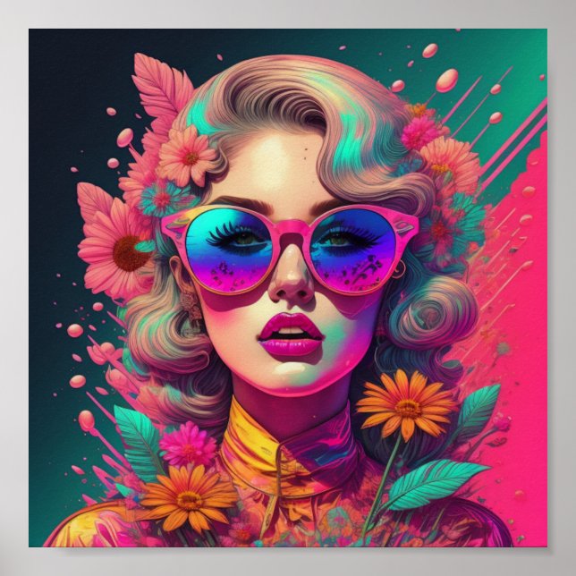 Poster Petite fille rétro avec lunettes de soleil et fleu (Devant)