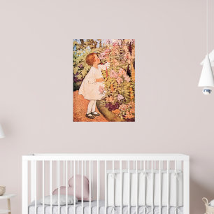 Poster Petite Fille Sentant des Fleurs Illustration Vinta