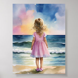 Poster Petite fille sur la plage aquarelle mur d'art