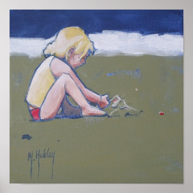 Poster Petite fille sur la plage Jouer dans le sable (Devant)