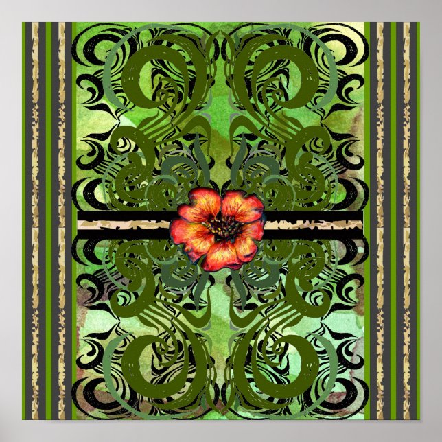 Poster Petite fleur rouge et motif vert damassé (Devant)