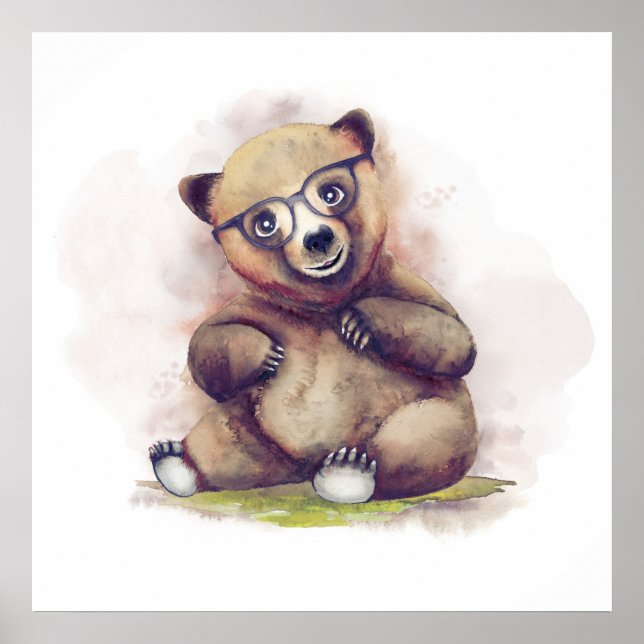 Poster Petite ours bébé avec lunettes Aquarelle mignonne (Devant)