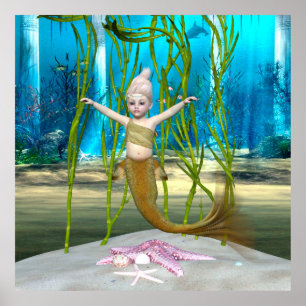 Poster Petite Sirène Fantaisie Fille, Océan Bleu