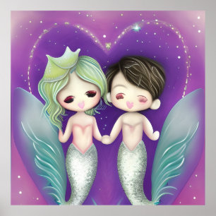 Poster Petite Sirènes mignonne fille garçon en amour Post
