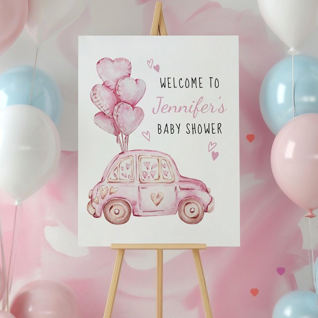 Poster Petite voiture rose amoureuse et ballons Bienvenue (Sweetheart themed baby shower welcome sign with pink car and balloons by Darling & May)