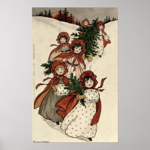 Poster Petites filles avec le houx et l'arbre de Noël