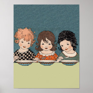 Poster Petites Filles vintages Mangeant Soupe Trois Soeur