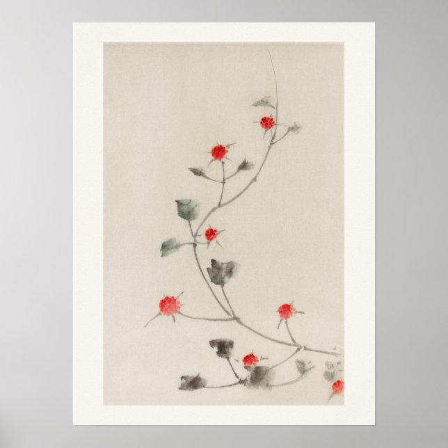 Poster Petites fleurs rouges sur une vigne par Katsushika (Devant)