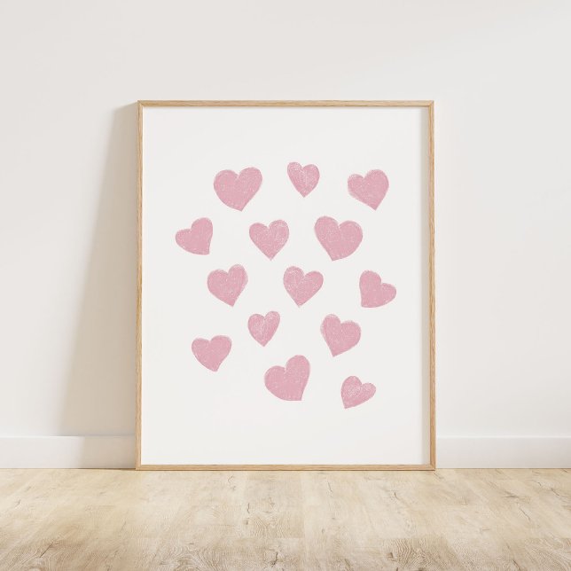 Poster Petits Coeurs roses (Chalky brush style small tossed hearts in pink)