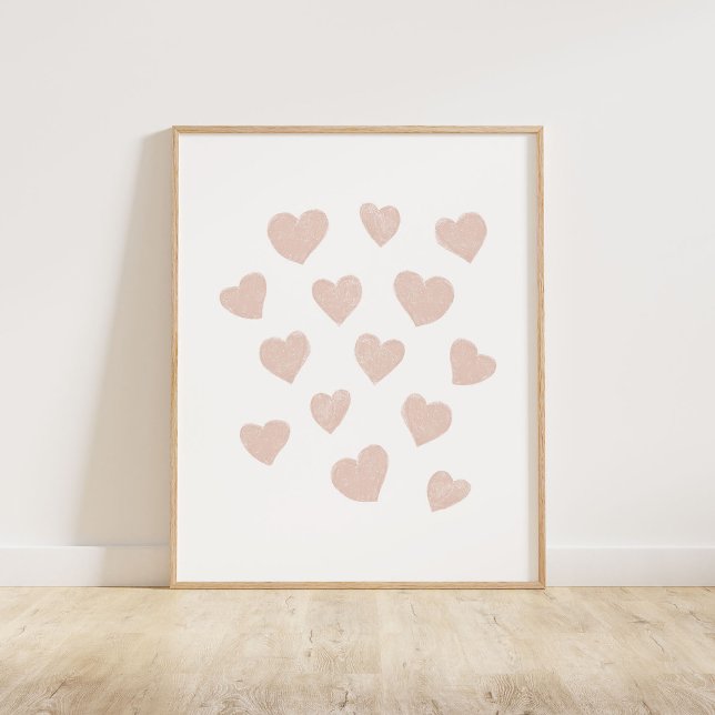 Poster Petits Coeurs Roses Brousses (Chalky brush style small tossed hearts in blush pink)