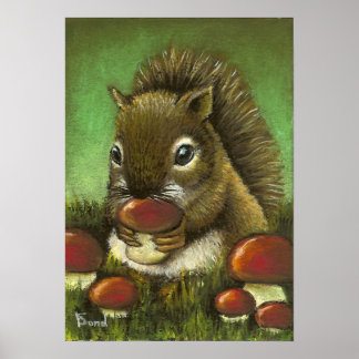 Poster Petits écureuils et champignons