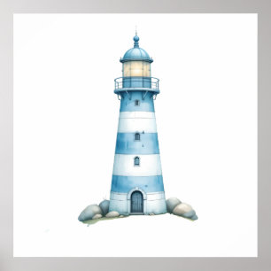 Poster Phare à l'aquarelle bleu et blanc