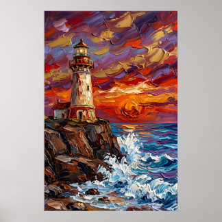 Poster Phare au coucher de soleil dramatique