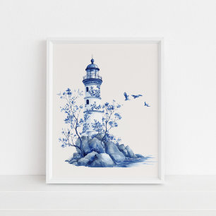 Poster Phare avec mouettes - Bleu côtier sur beige