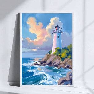 Poster Phare côtier   Mer aux vagues de l'océan bleu