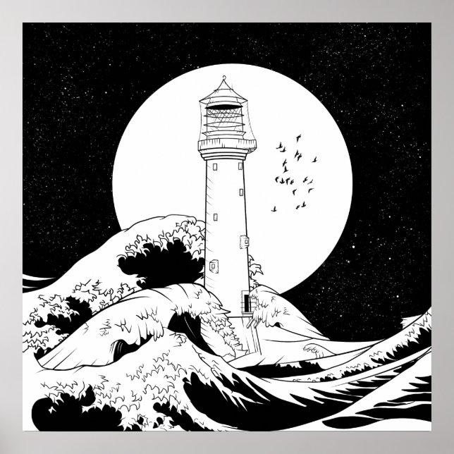 Poster Phare de Bell Rock noir et blanc (Devant)